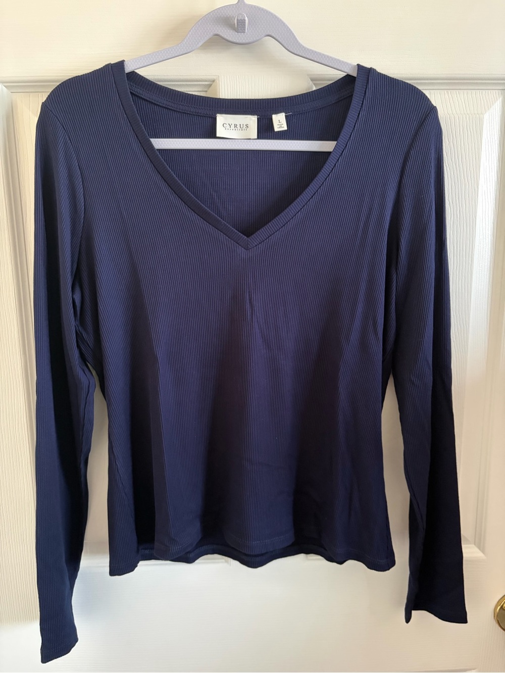 Cyrus Ribbed V-Neck Long Sleeve Top - Navy Blue